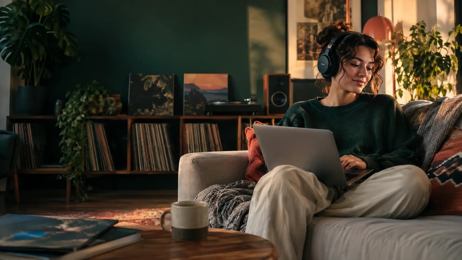 A listener wearing headphones while building a playlist at home